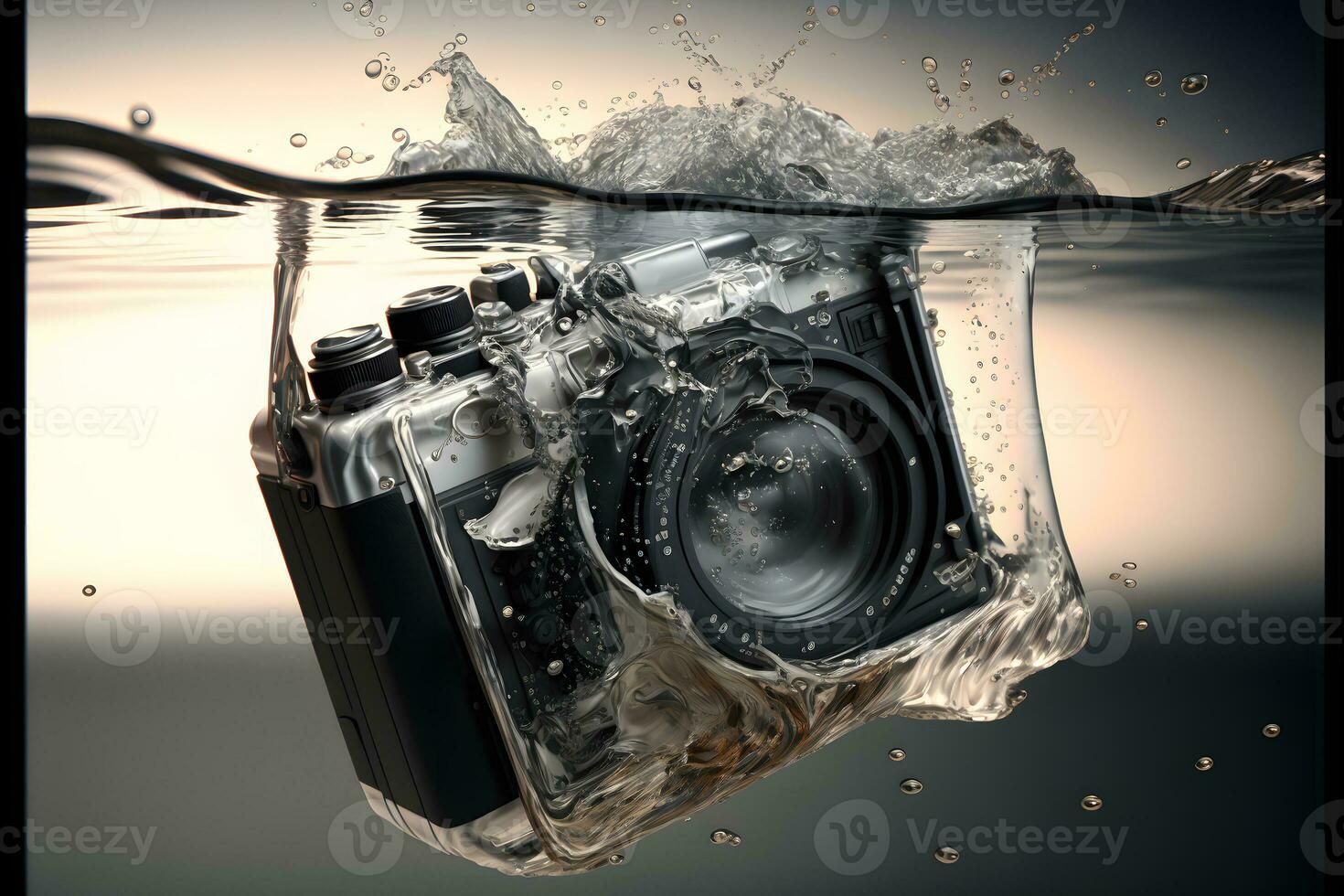 Modern SLR photocamera falling under water with water splashes. Neural network generated art photo