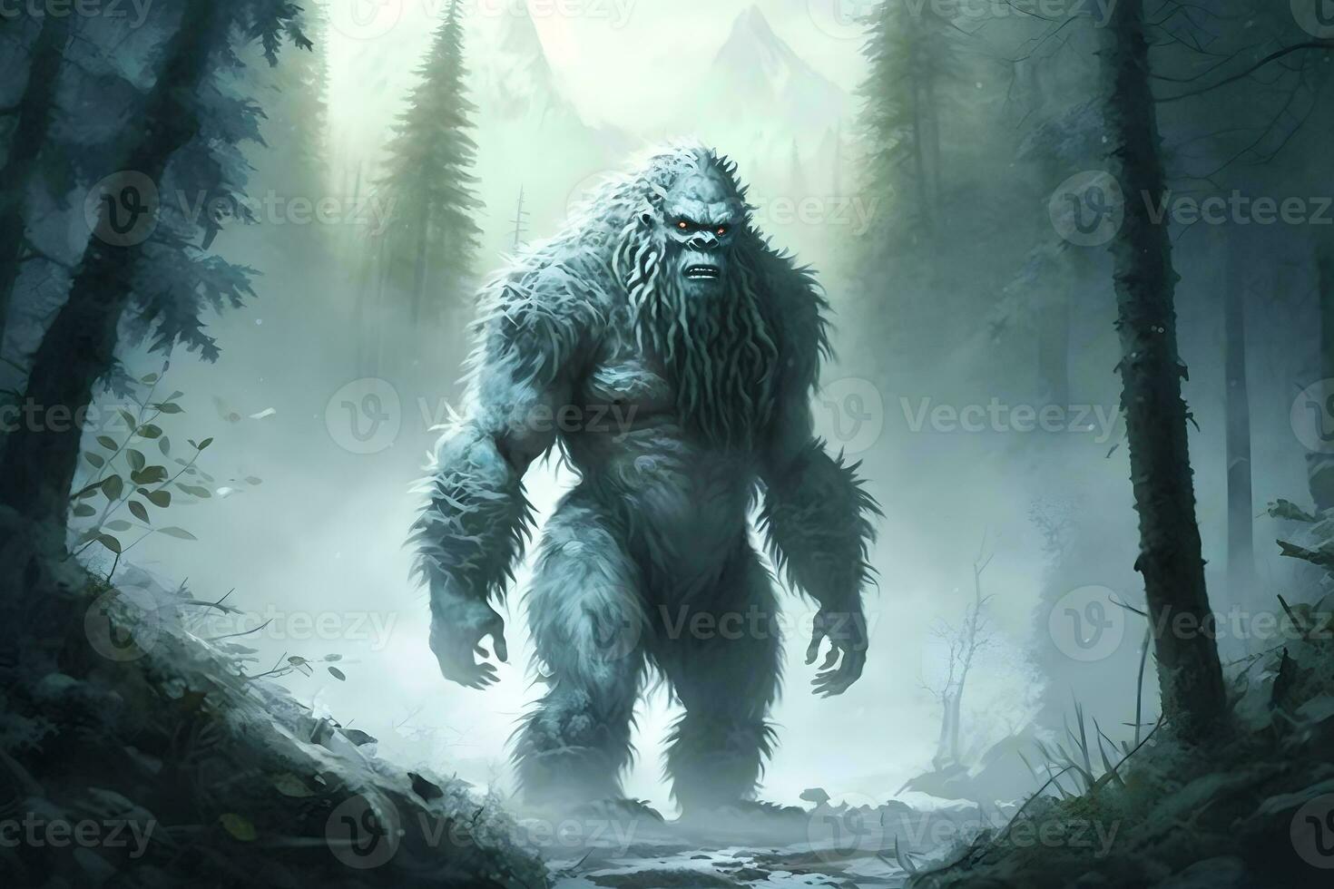 Yeti or abominable snowman walks through winter forest area. Neural network generated art photo