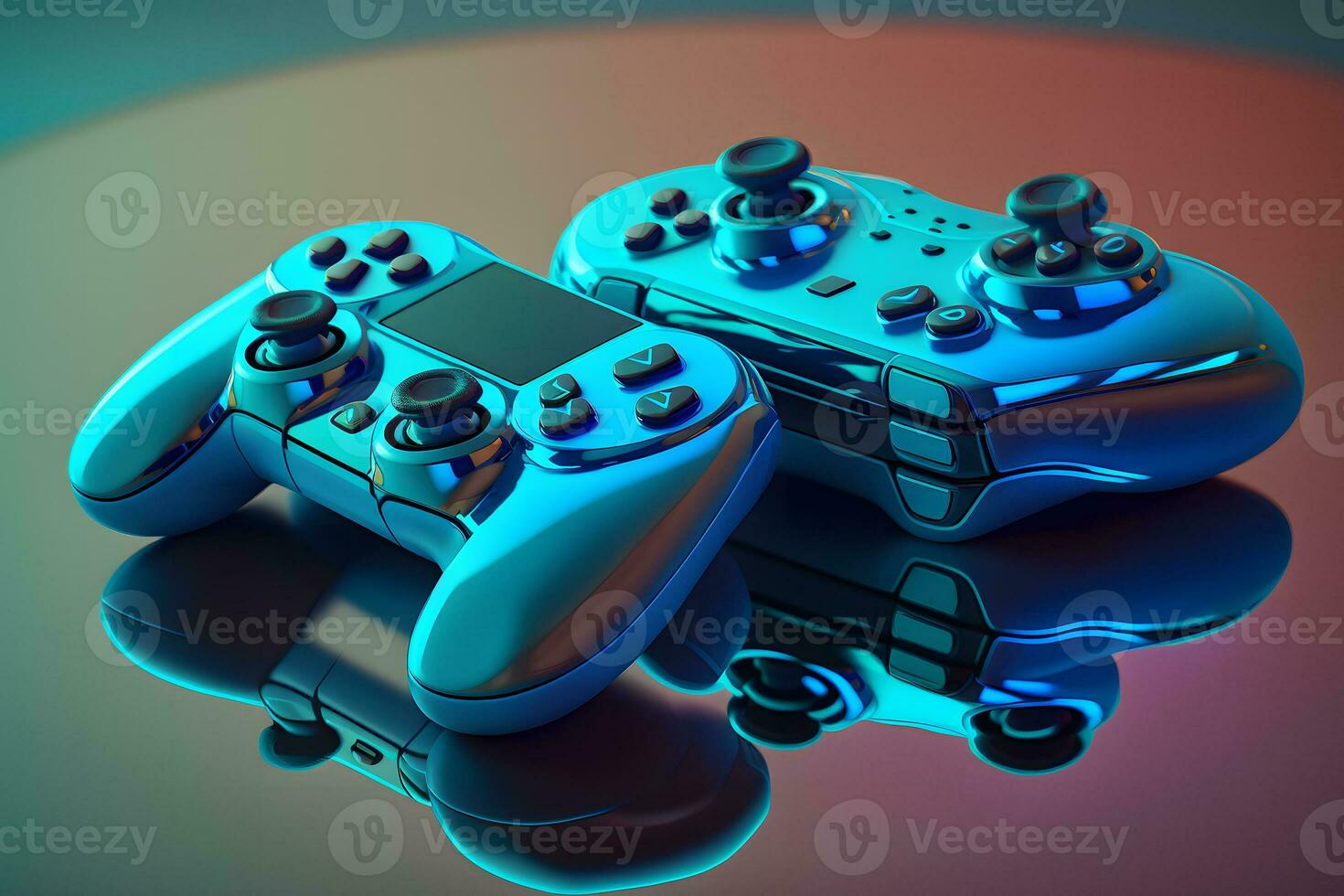 Two console gaming controllers with many buttons and glossy shiny body surface. Neural network generated art photo