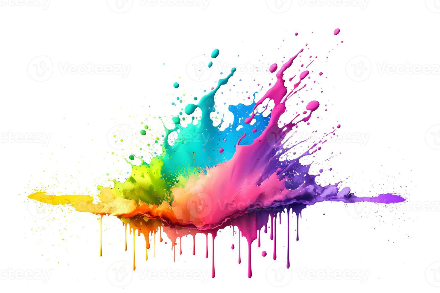 Abstract paint color splatter isolated on white background. Bunch of liquid paint in many colours in splash moment. Neural network generated art photo