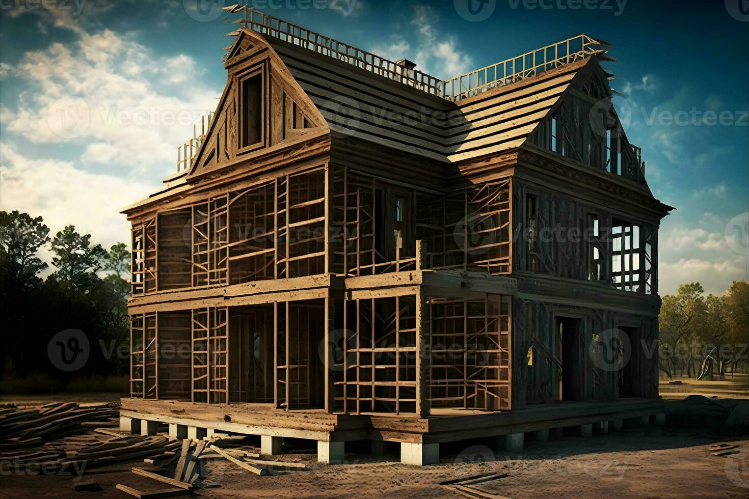 New wooden residential construction home framing against a blue sky. Roofing construction. Neural network generated art photo