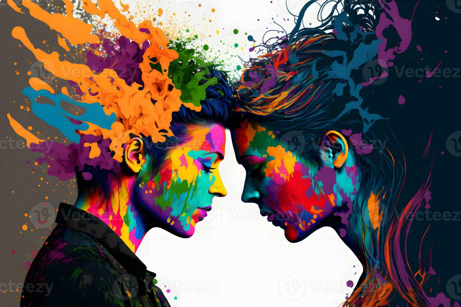 Young couple in love silhouette with watercolor paint splashes. Neural network generated art photo