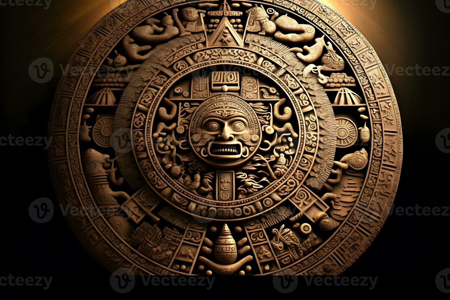 Close view of the ancient Aztec mayan calendar with round pattern and relief on stone surface. Neural network generated art photo