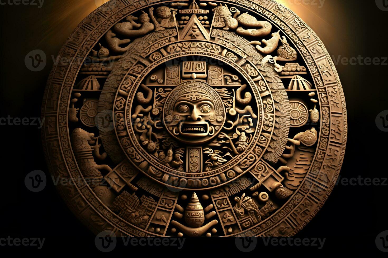 cerca ver de el antiguo azteca maya calendario con redondo modelo y alivio en Roca superficie. neural red generado Arte foto