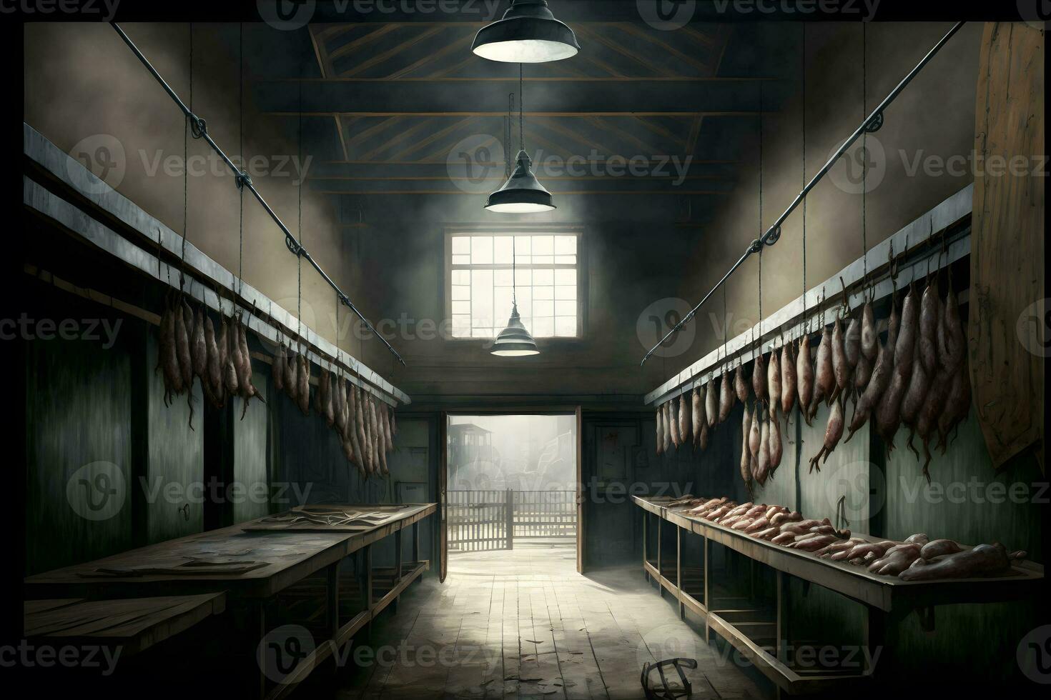 A lot of half cow chunks fresh hung and arranged in a large fridge in the abattoir fridge meat industry. Neural network generated art photo