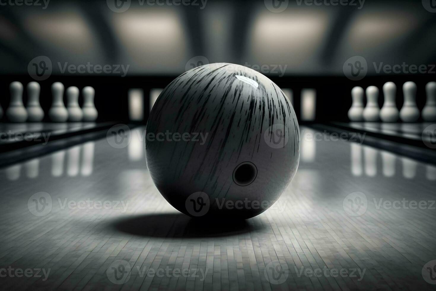 Bowling ball lies on lane start position for bowling game in club. Neural network generated art photo