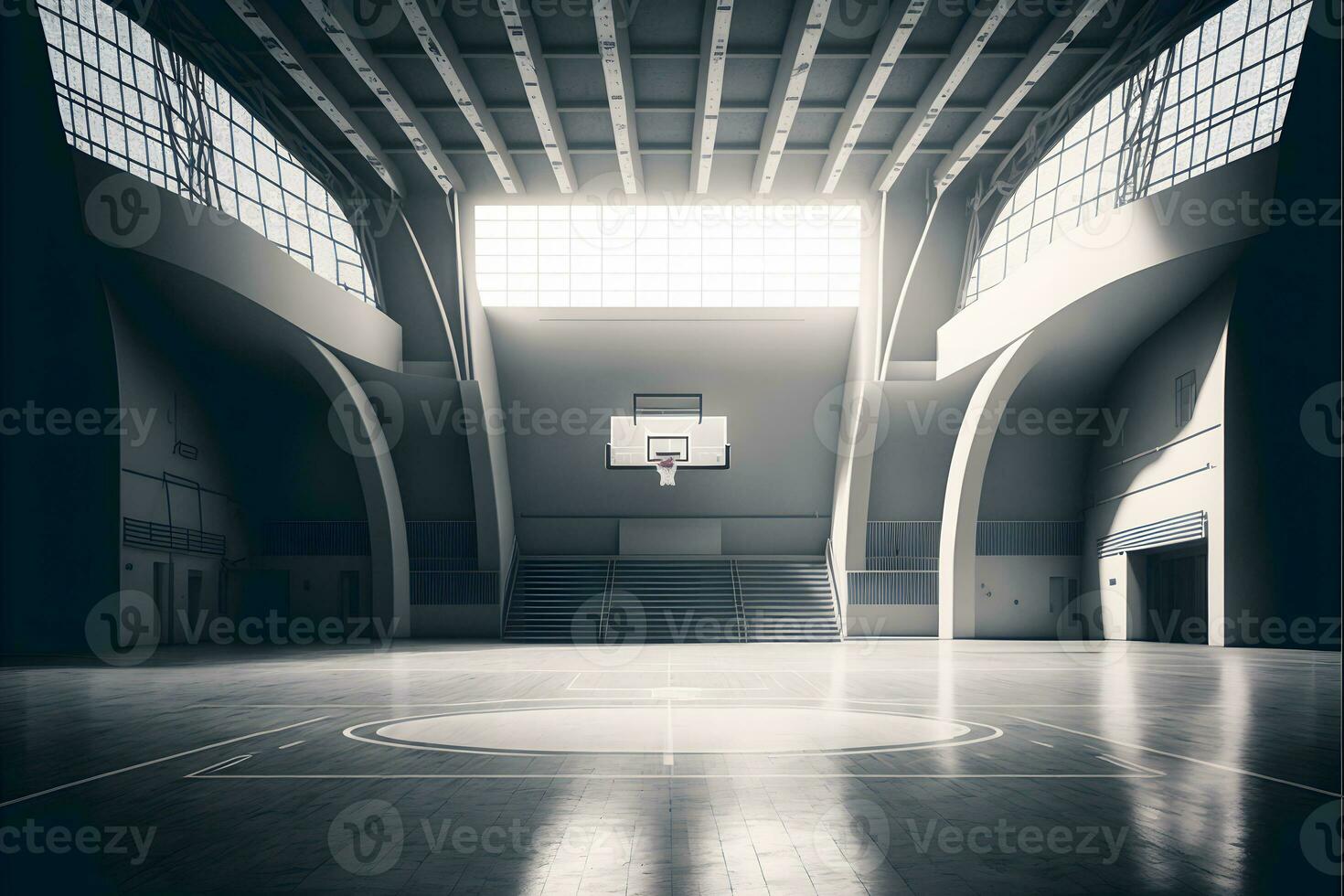 Interior view of an illuminated basketball stadium for a game. Neural network generated art photo