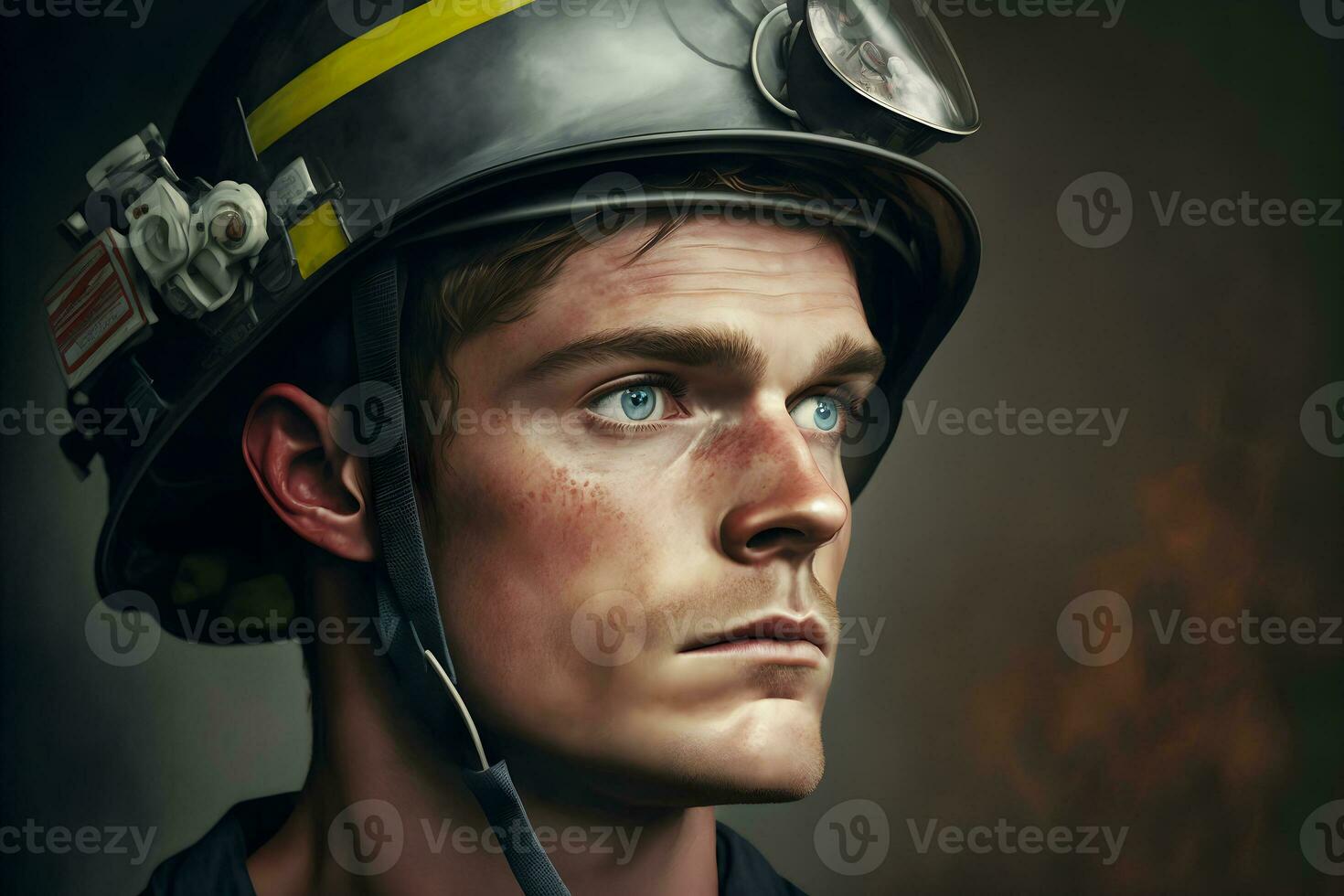 Portrait of firefighter dirty face in special helmet and firefighters uniform. Neural network generated art photo