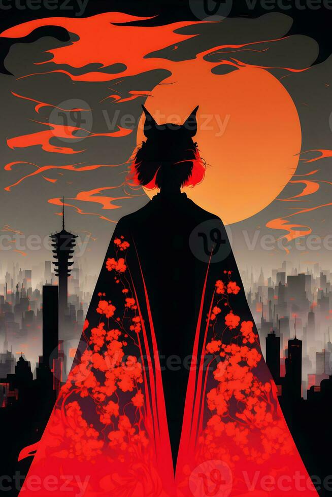 Japanese kitsune woman wearing a kimono looking to oriental city. Neural network generated art photo