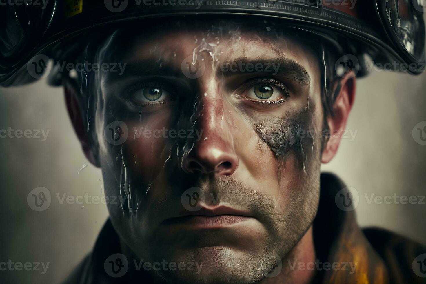 Portrait of firefighter dirty face in special helmet and firefighters uniform. Neural network generated art photo