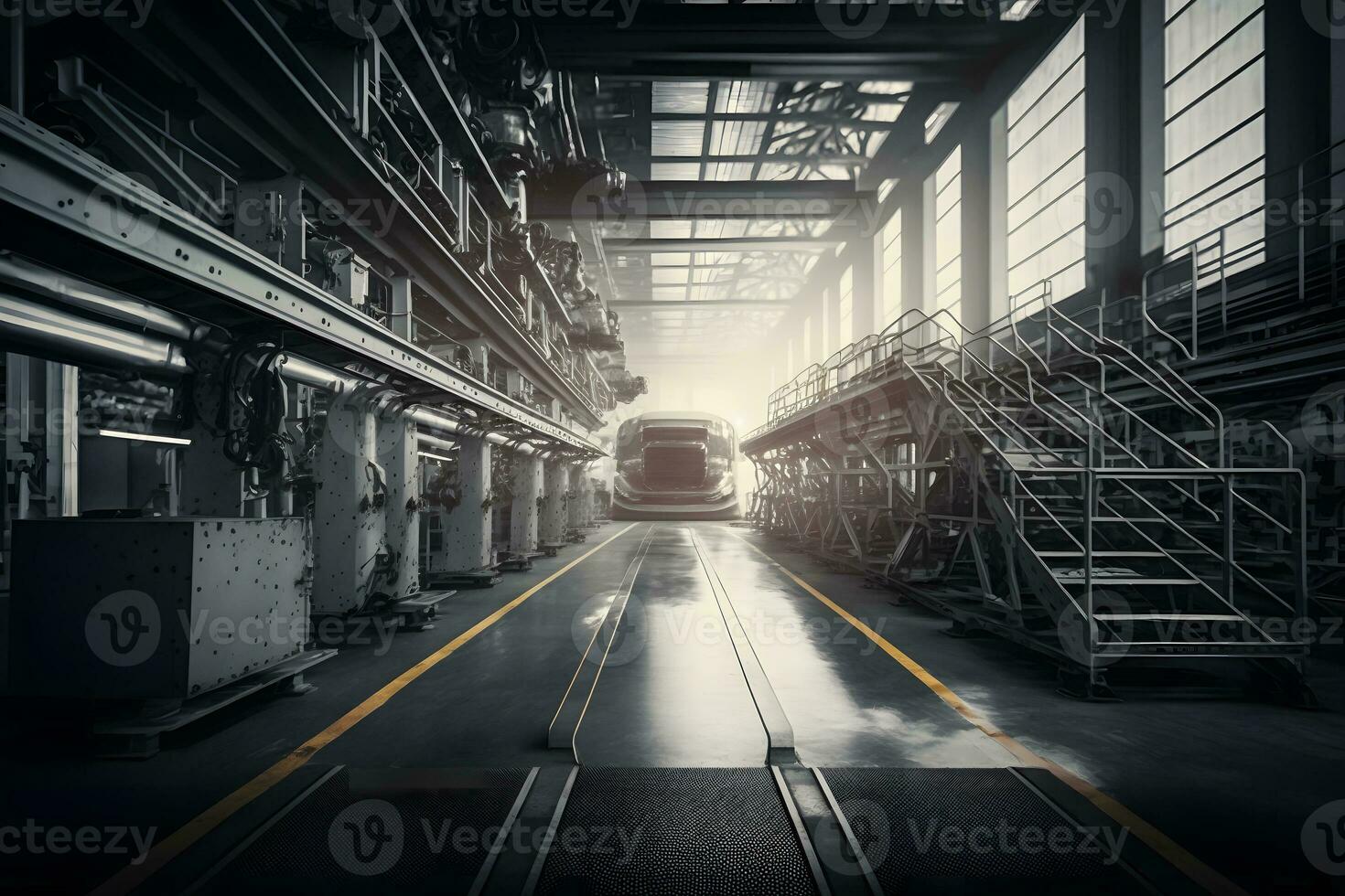 Automation aumobile factory concept. Robot assembly line in car manufacturing. Neural network generated art photo
