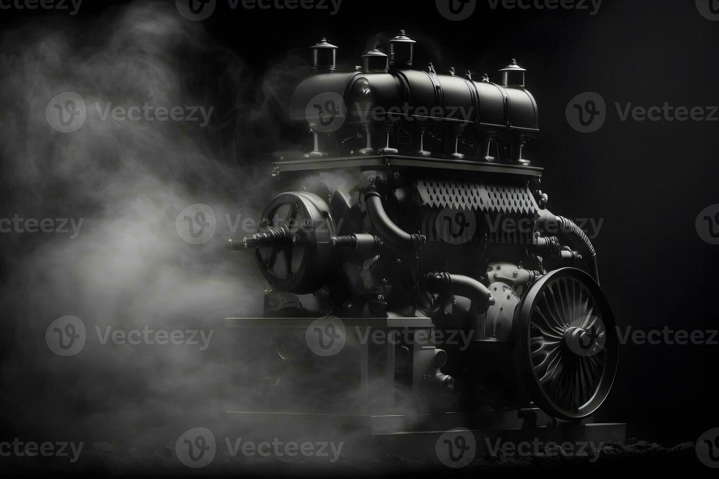 Modern car engine on deep solid black background. Neural network generated art photo