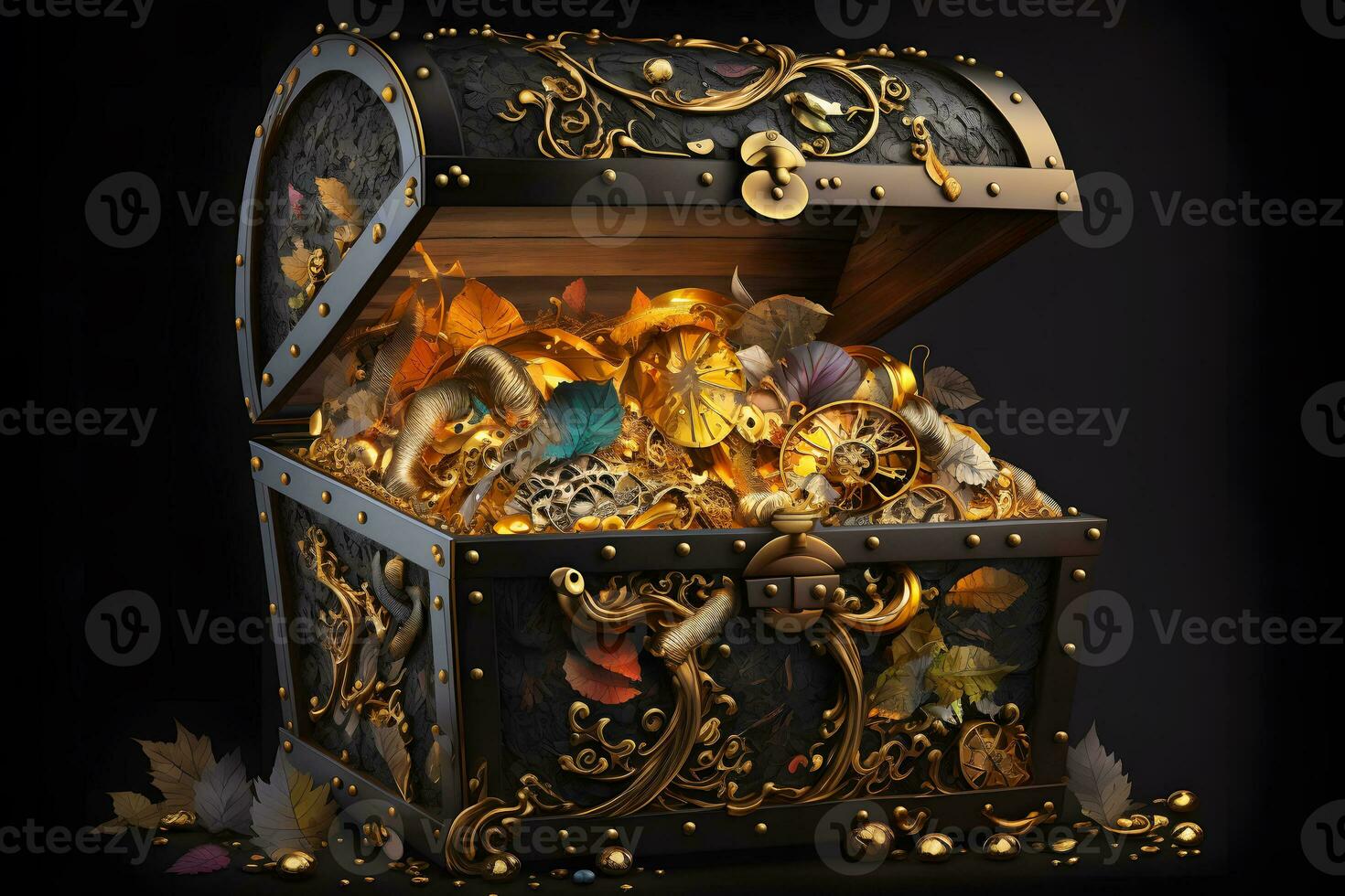 Open treasure chest filled with gold coins and expensive pirates loot on black background. Neural network generated art photo