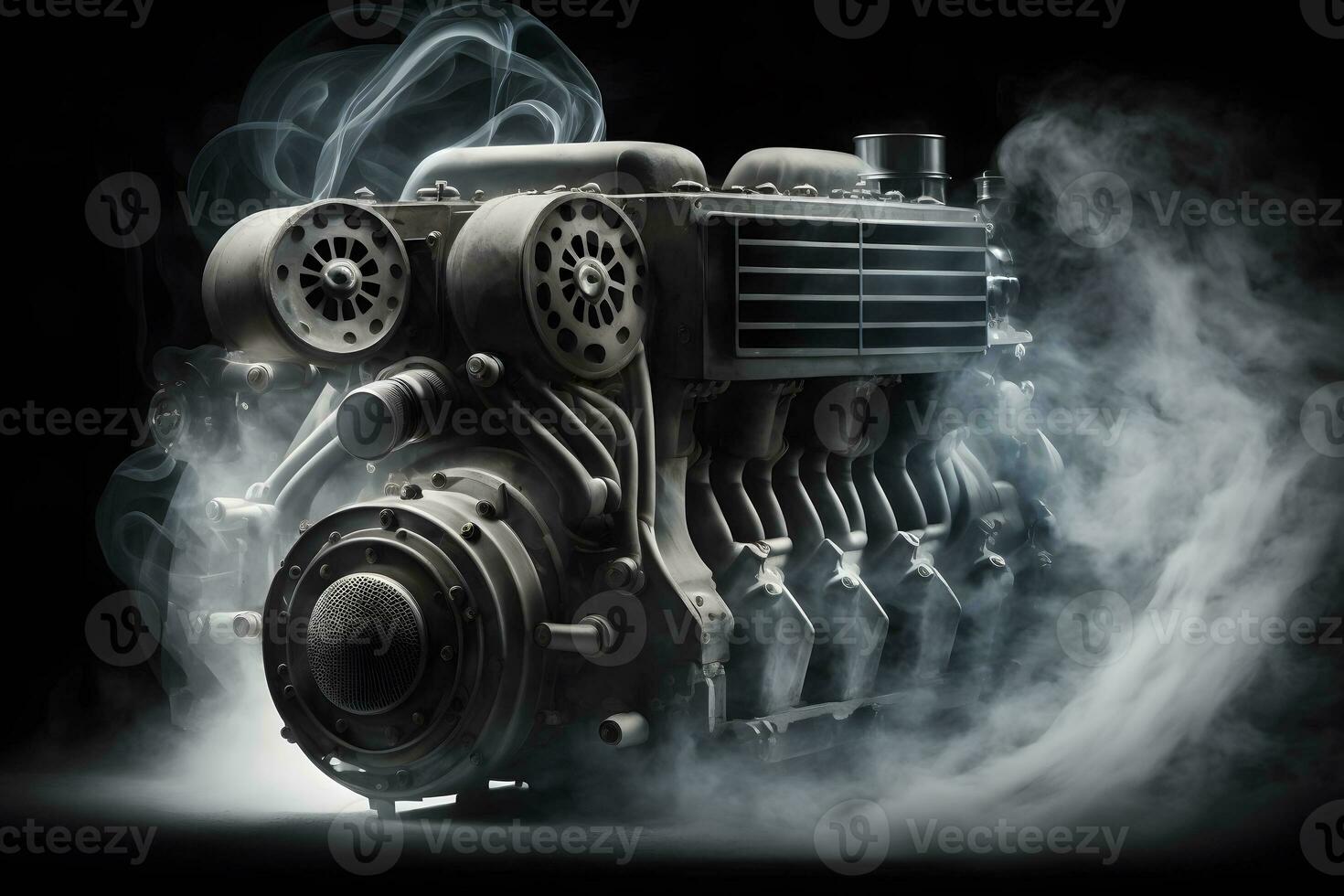 Modern car engine on deep solid black background. Neural network generated art photo