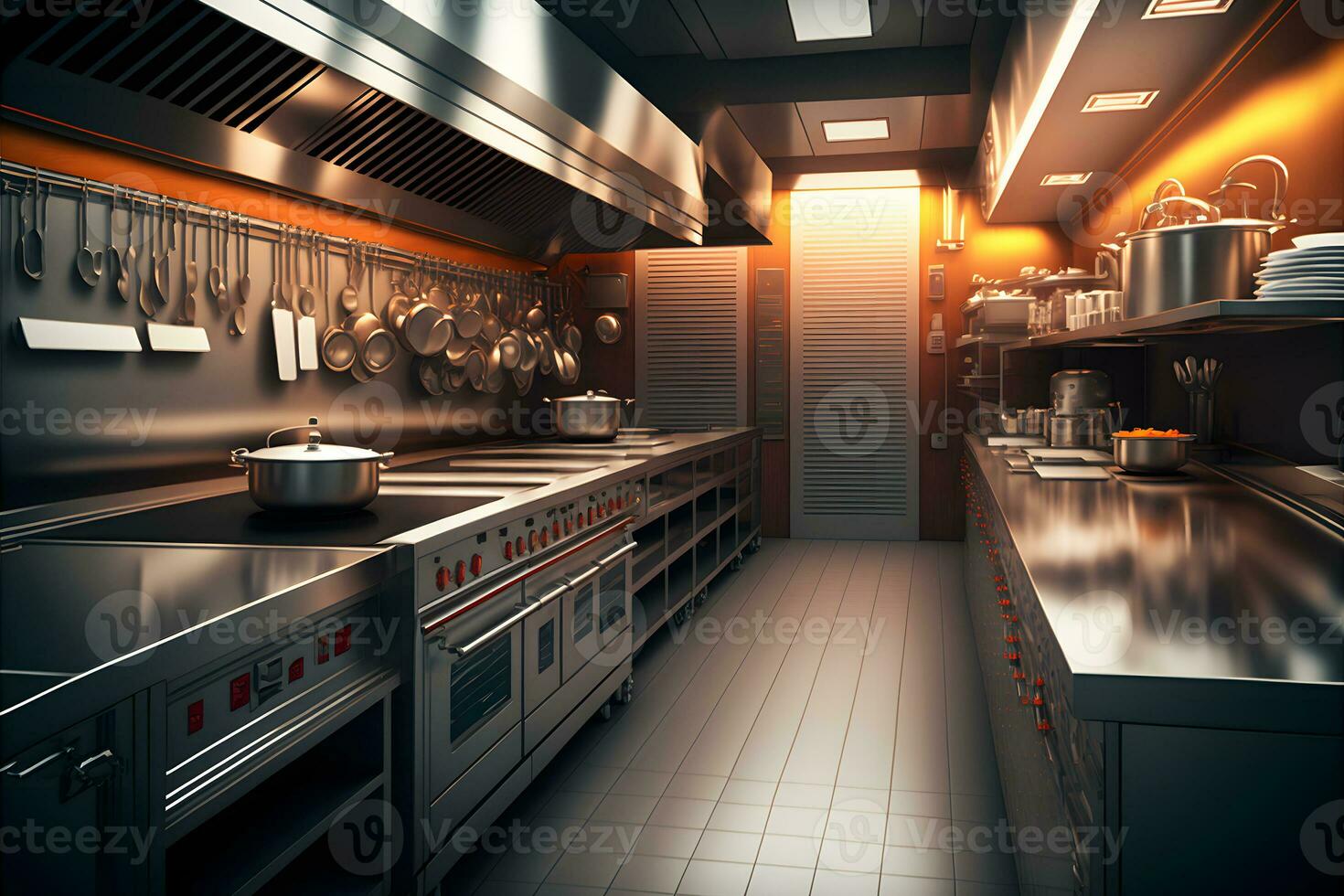 Professional restaurant kitchen interior with cooking supply and electronics. Neural network generated art photo