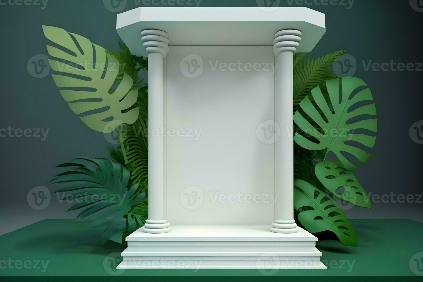 Platform podium with monstera plant product presentation background. Neural network generated art photo