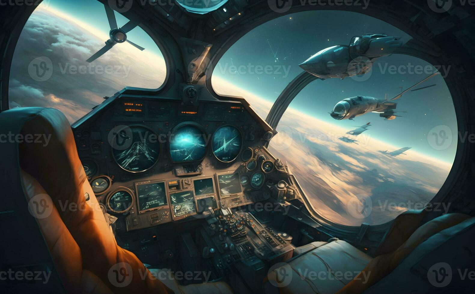 Airplane cockpit view during intergalaxy journey flight or spaceship battle. Neural network generated art photo