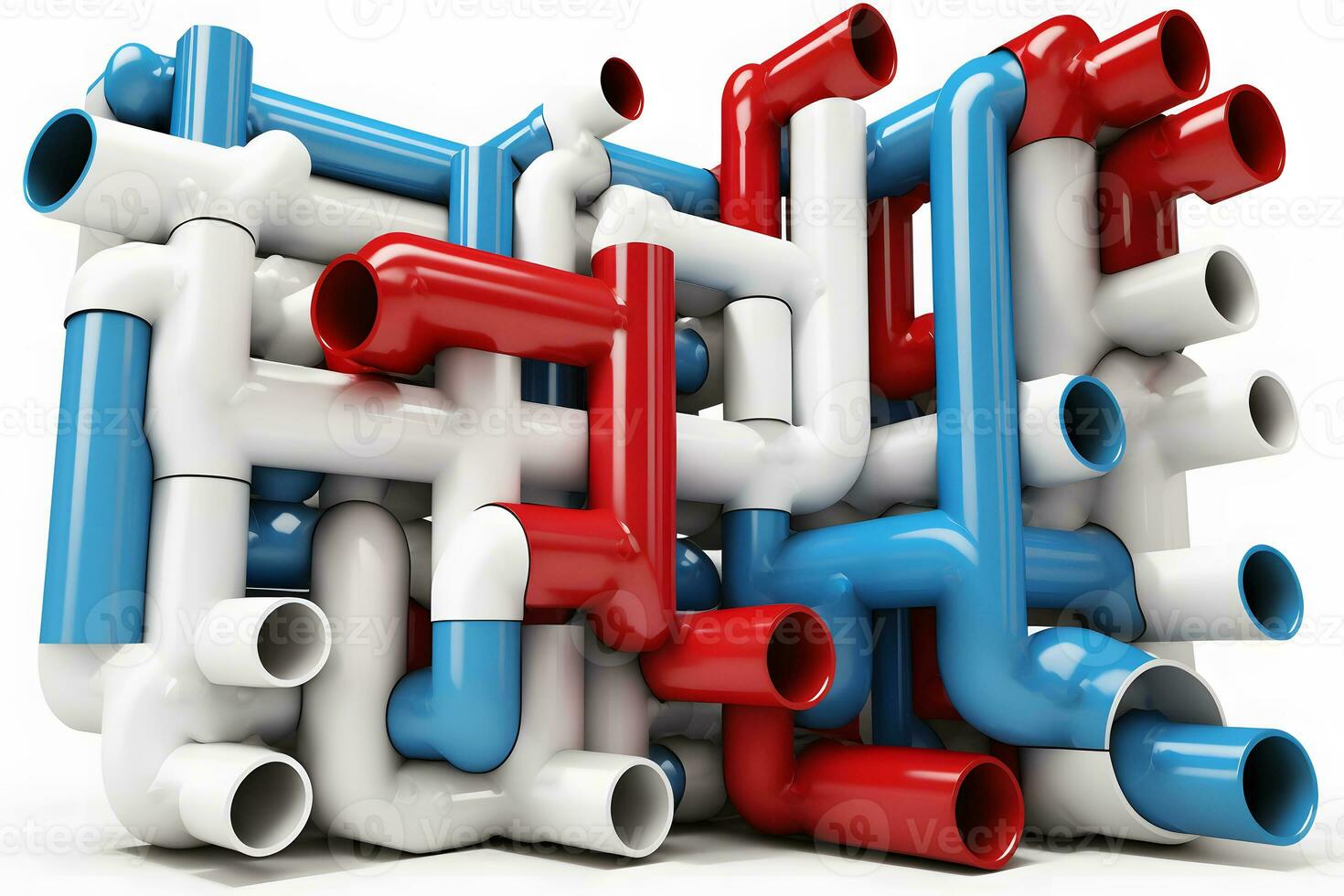 Abstract blue red and white pipes system on white background. Neural network generated art photo