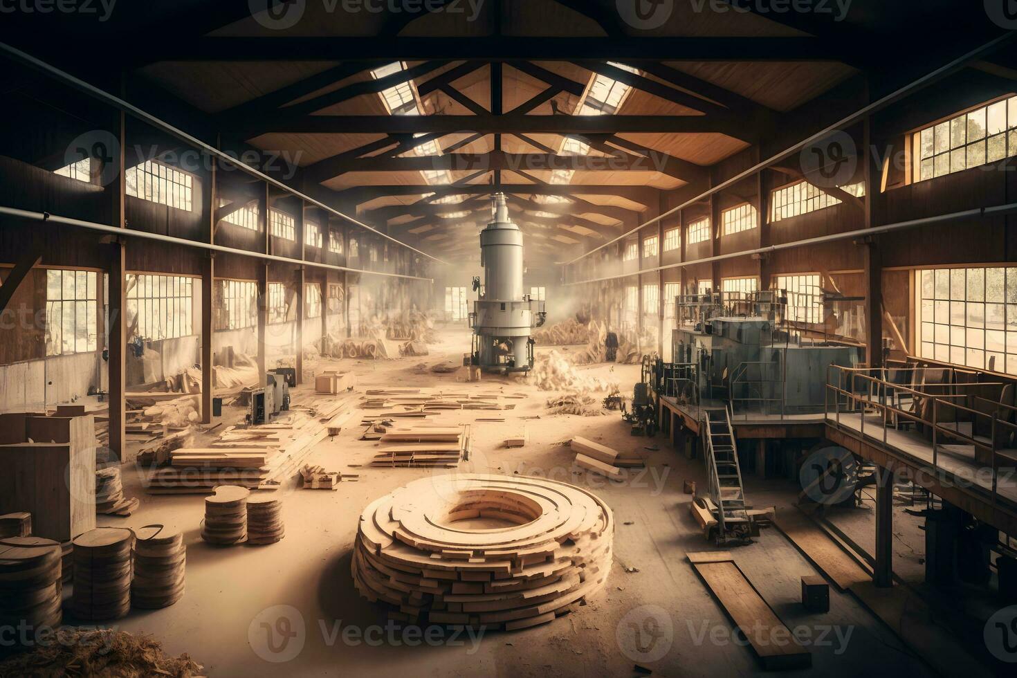 Woodworking sawmill production and processing of wooden boards in a modern industrial factory assembly line in production. Neural network generated art photo