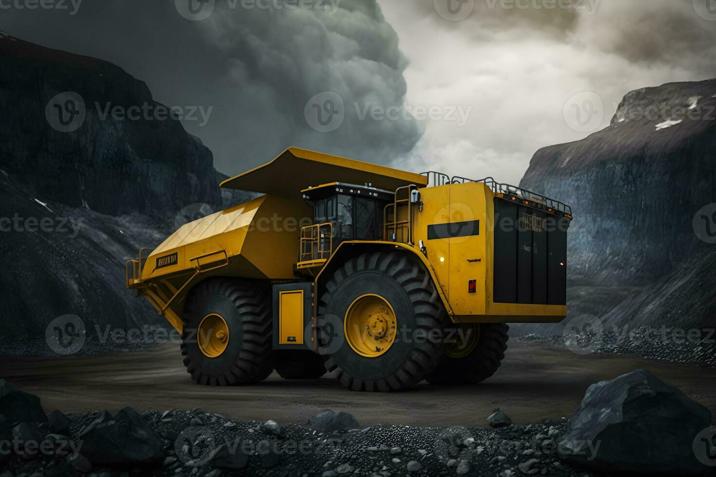 Open pit mine, extractive industry for coal. Big yellow mining truck machinery for coal quarry. Neural network generated art photo