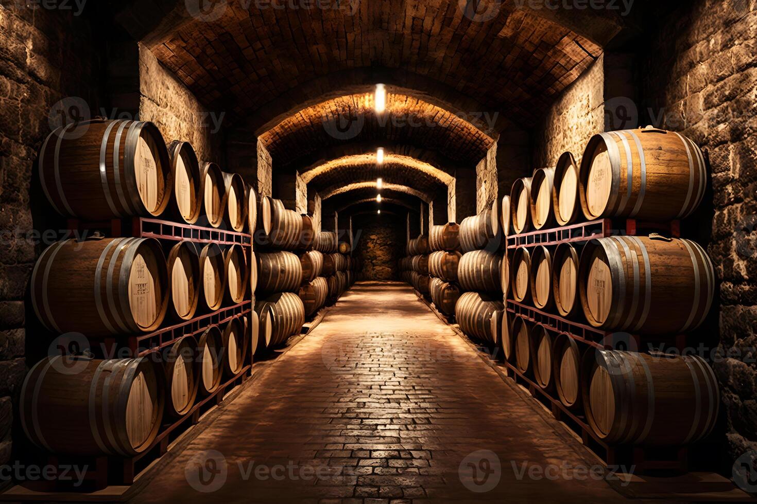 Old Wooden barrels with wine in a wine vault cellar. Neural network generated art photo
