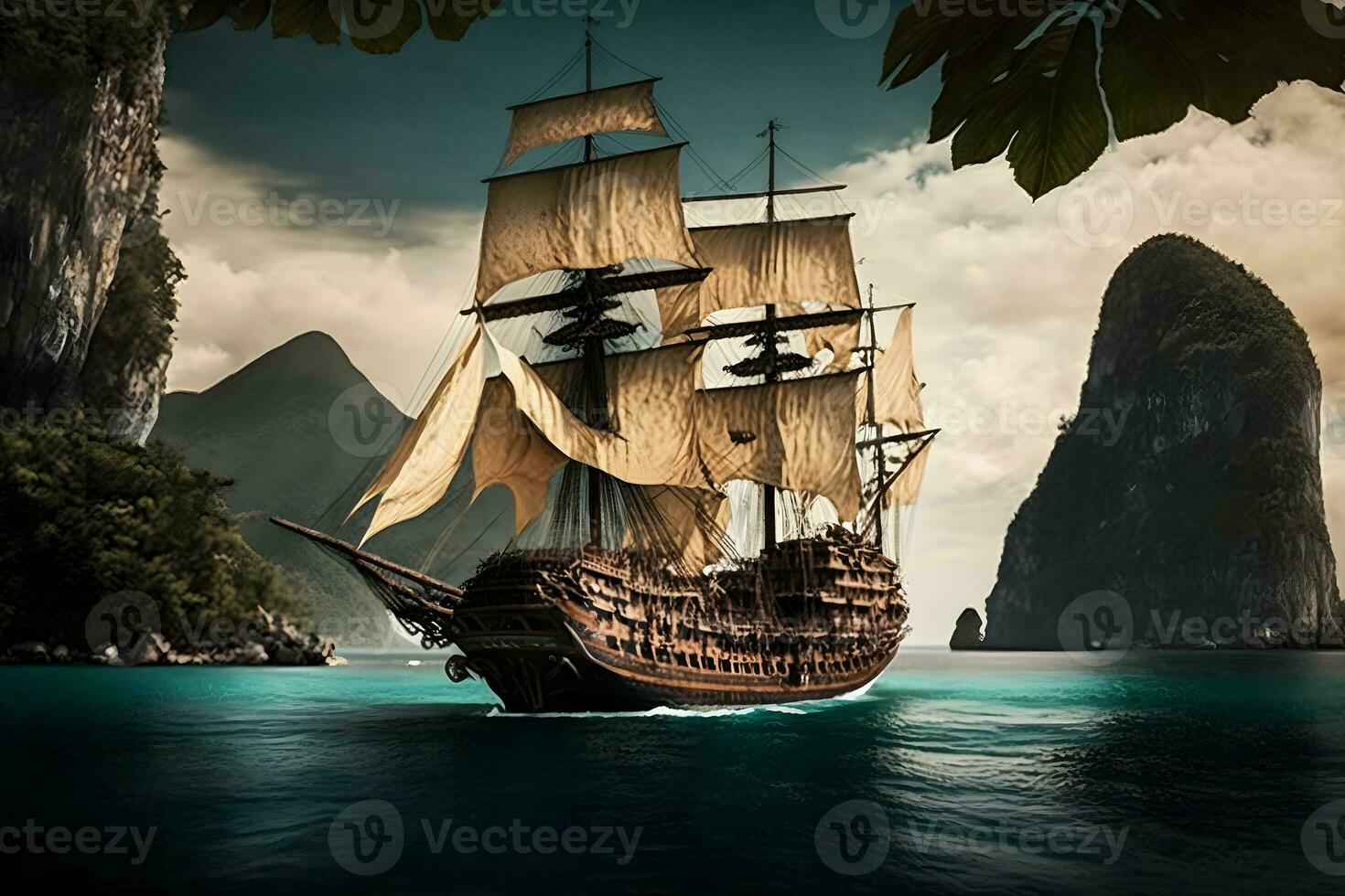 Pirate ship at the open sea close to rocks and small island with palms. Neural network generated art photo