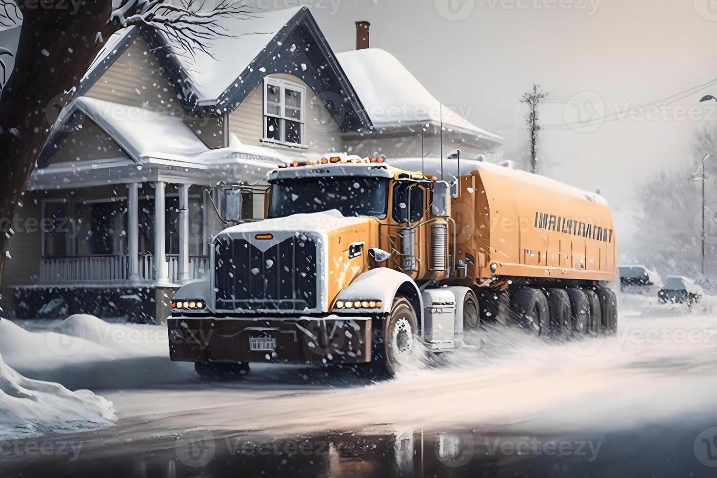 Snow plow truck cleaning snowy road in snowstorm. Snowfall on the driveway. Neural network generated art photo