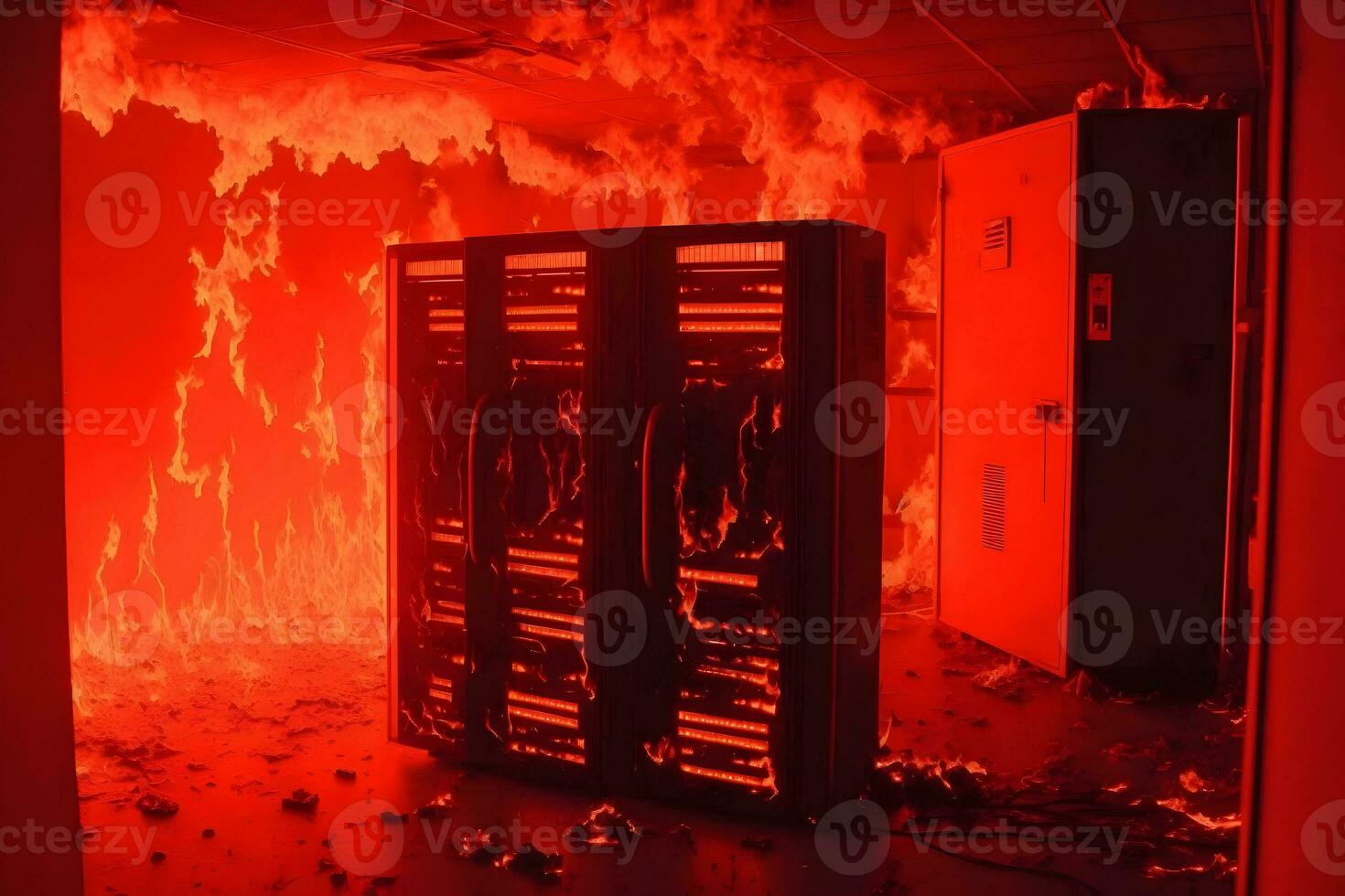 desastre en servidor habitación o datos centrar almacenamiento habitación en fuego incendio. neural red generado Arte foto