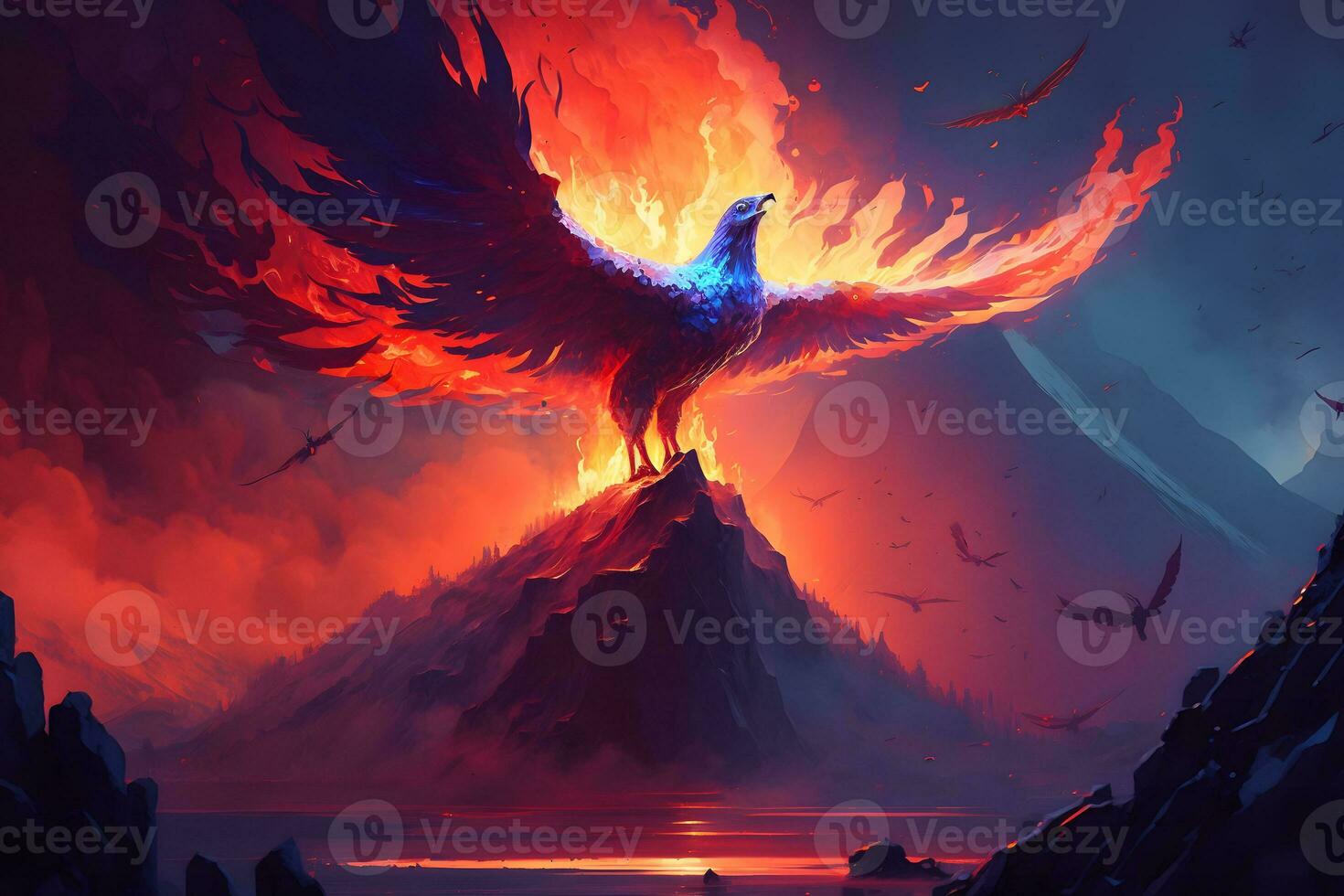 Raise of burning bird phoenix in the volcanic landscape. Neural network generated art photo