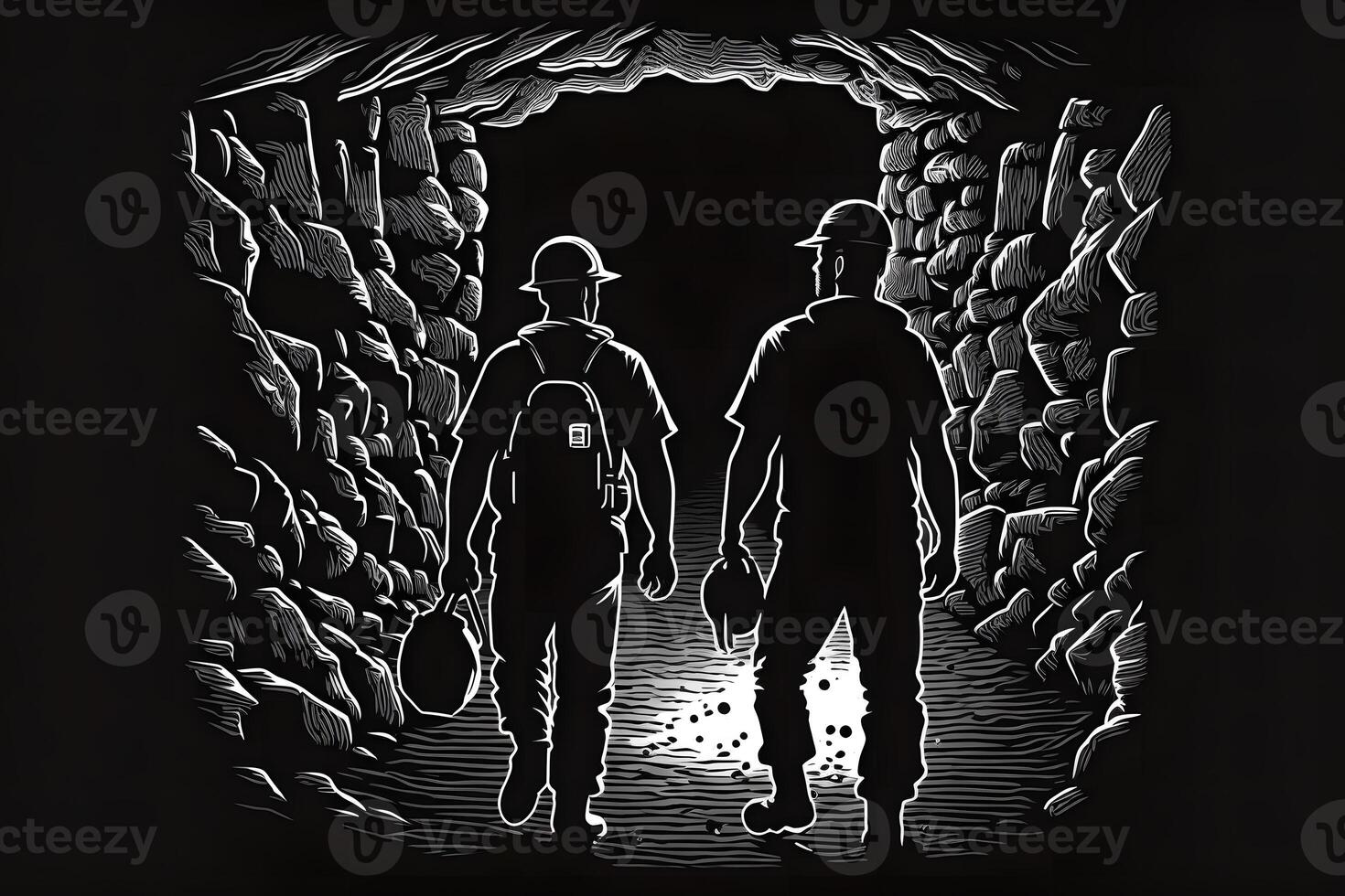 Back view of silhouettes of male workers in dark coal mine. Neural network generated art photo