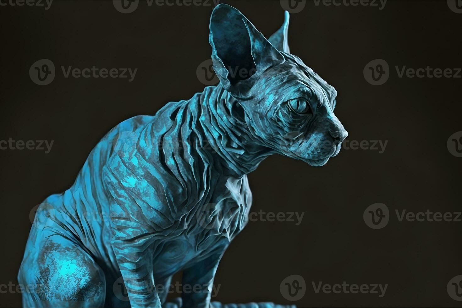 Beautiful Sphynx cat portrait in blue colors. Neural network generated art photo