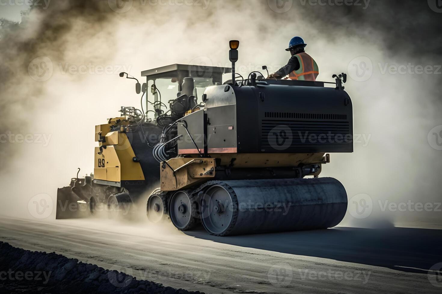 Worker operating asphalt paver machine finisher during road construction and repairing works. Neural network generated art photo