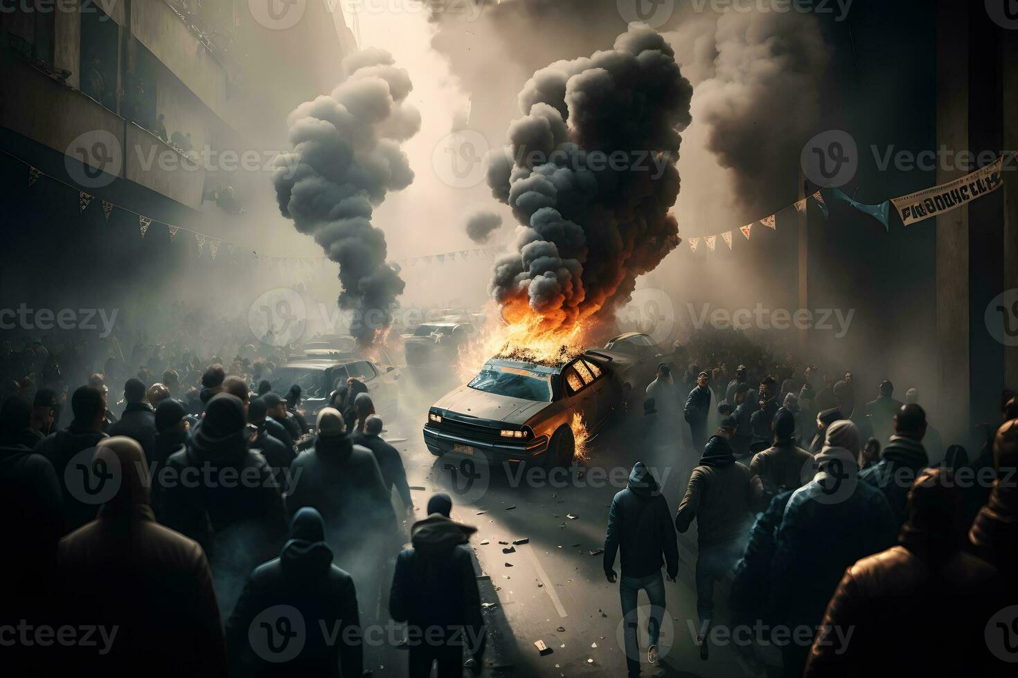 The crowd riots in the street, protests. burning city. Neural network generated art photo