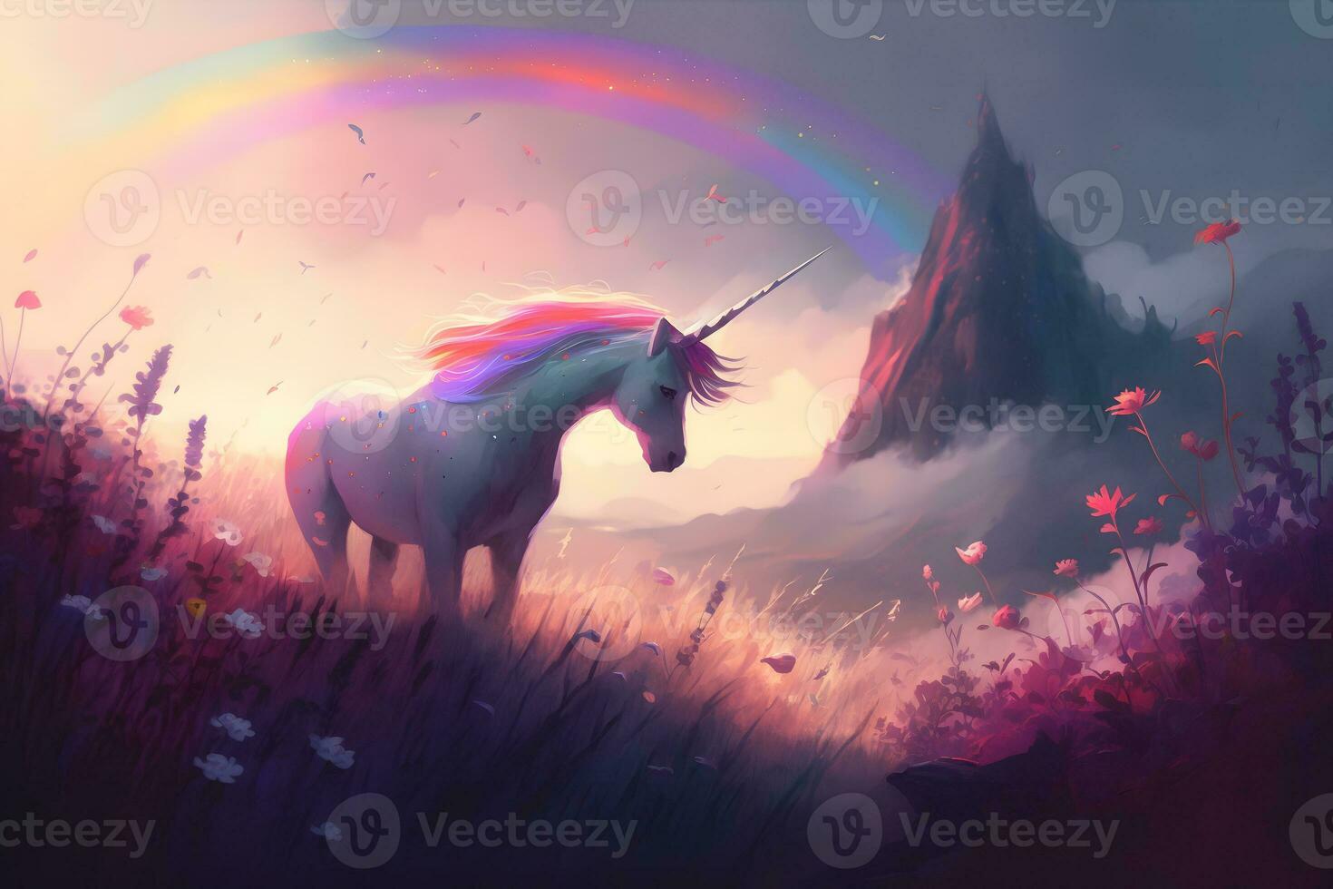 Magic unicorn in fantastic world with fluffy clouds and fairy meadows. Neural network generated art photo