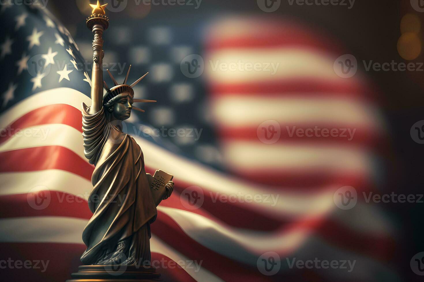 Statue of Liberty on the background of the American flag. Democracy and freedom concept. Neural network AI generated art photo