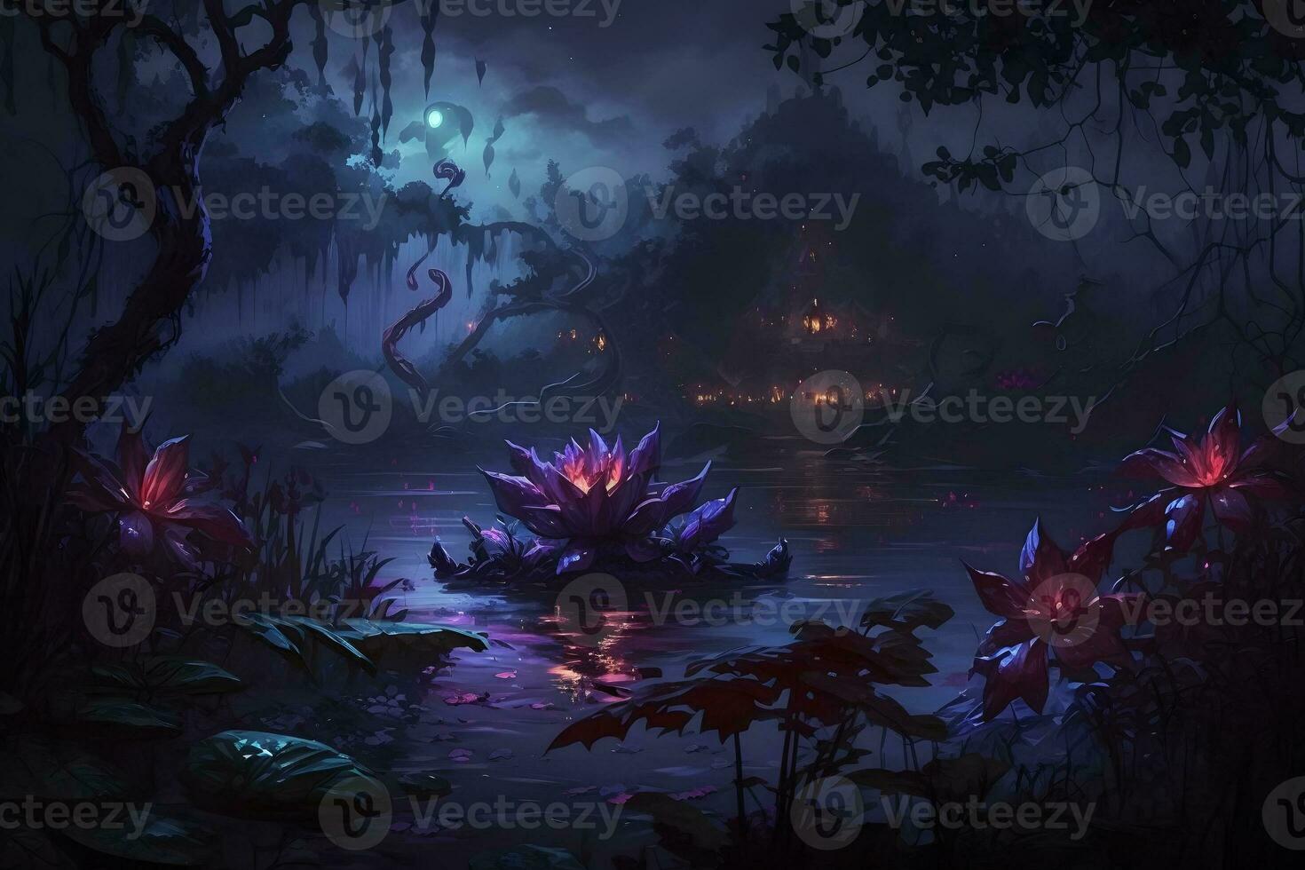 Fairytale fantasy forest night landscape, misty dark mood. Neural network AI generated art photo
