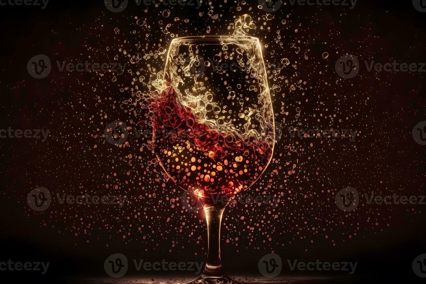 Glass with splash of red wine on black background. Neural network generated art photo