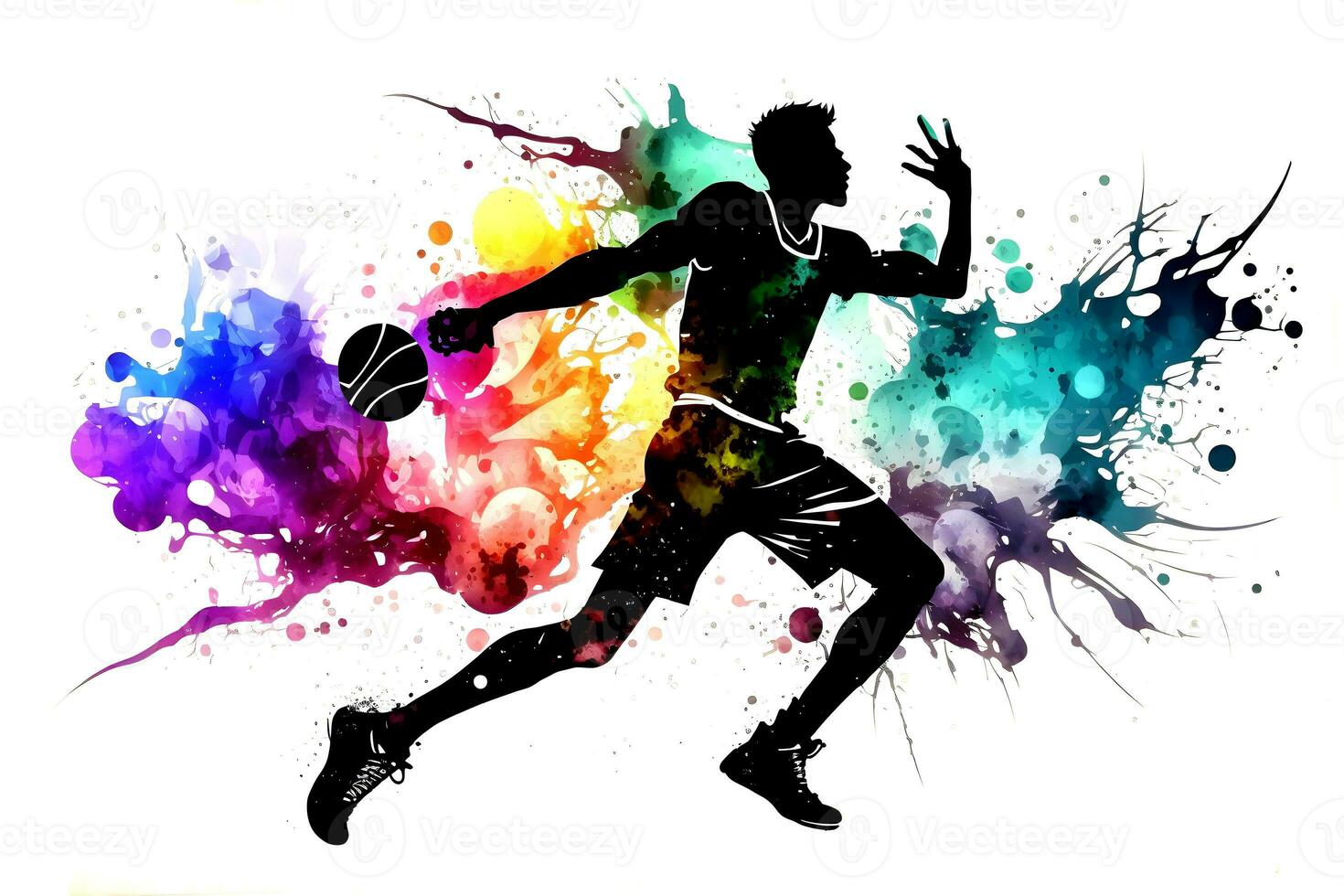 Basketball watercolor splash player in action with a ball isolated on white background. Neural network generated art photo