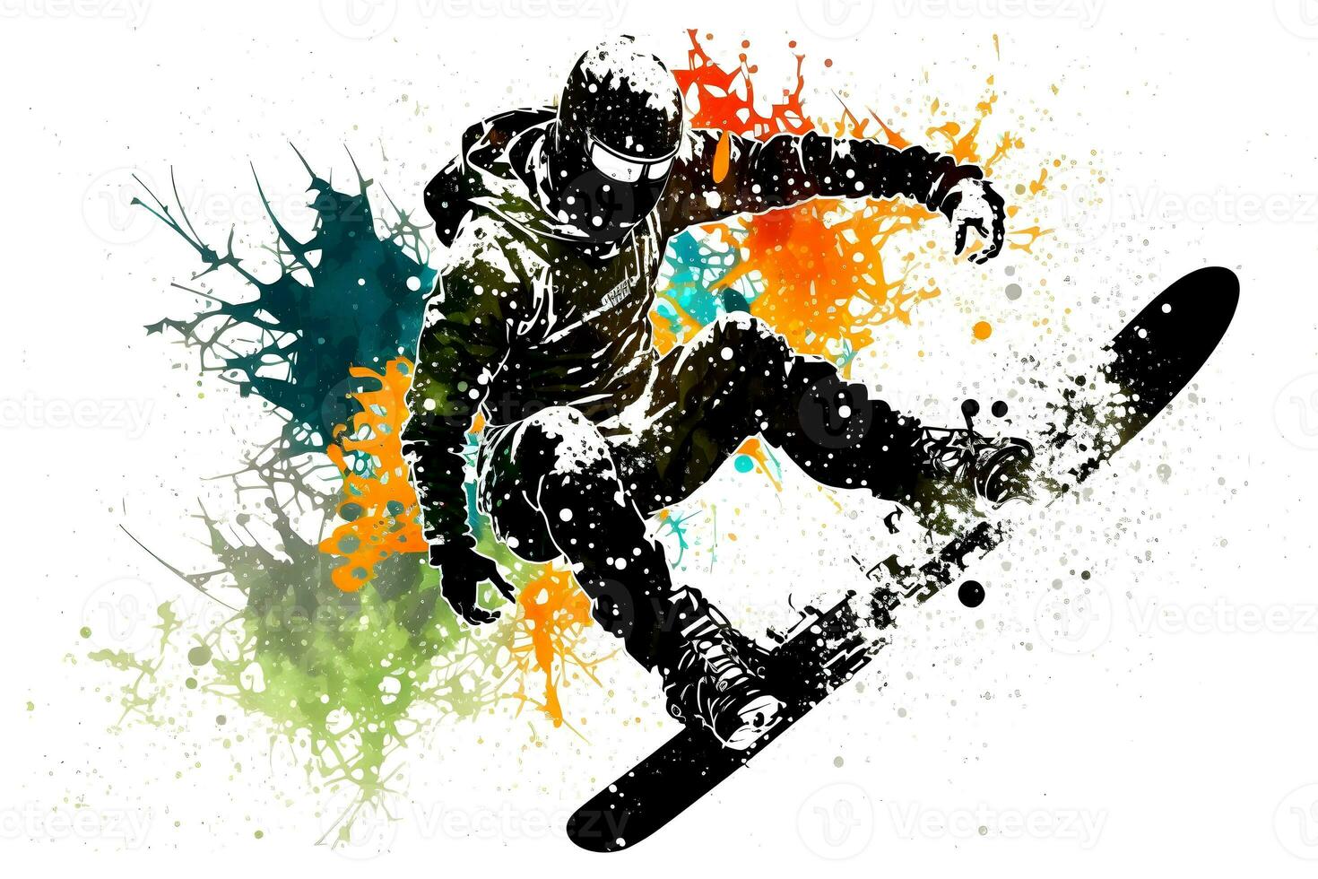 Man snowboarder jump on snowboard with rainbown watercolor splash isolated on white background. Neural network generated art photo