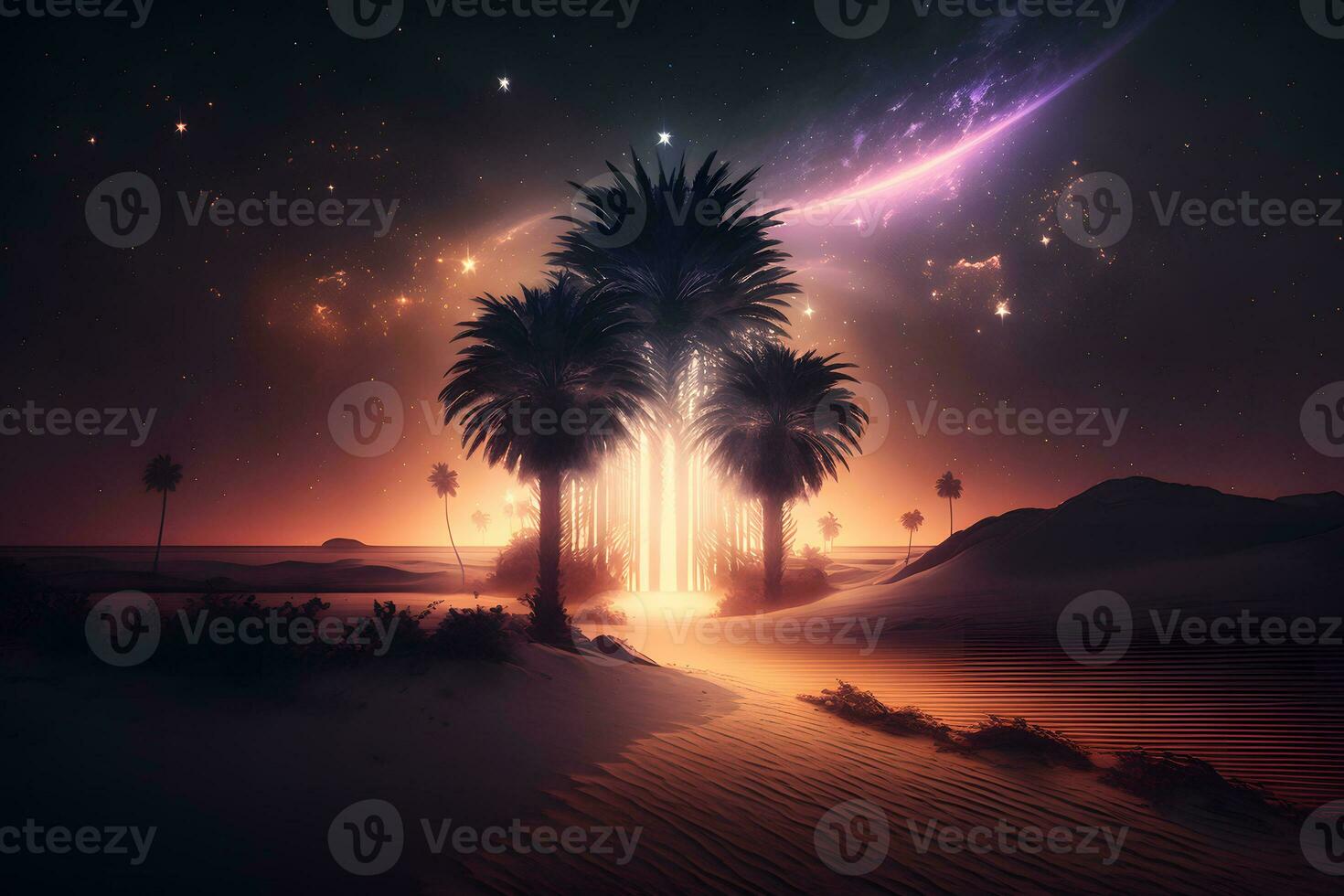 fantasía futurista noche paisaje con palma arboles neural red ai generado Arte foto
