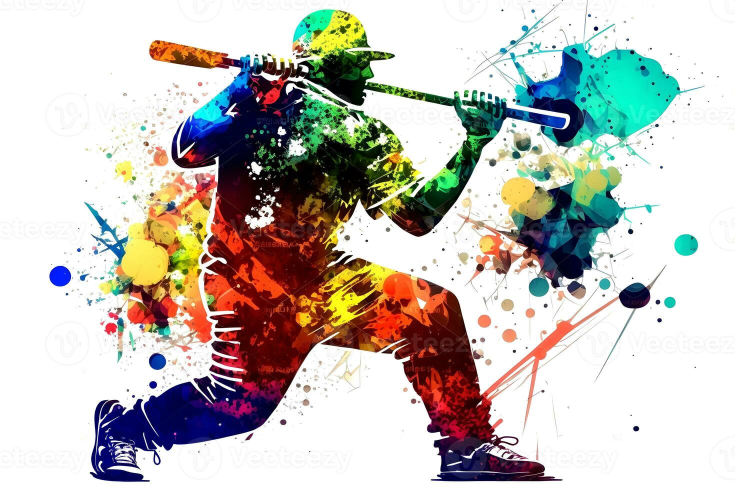 Baseball Player with multicolored watercolor splash, isolated on white background. Neural network generated art photo