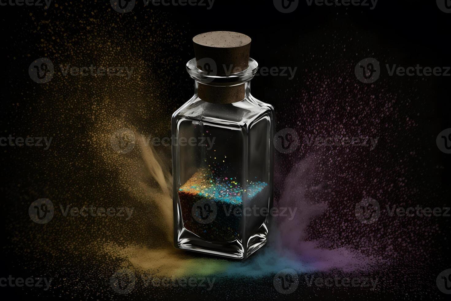 Perfume bottle splash of colored sand paint. Neural network generated art photo