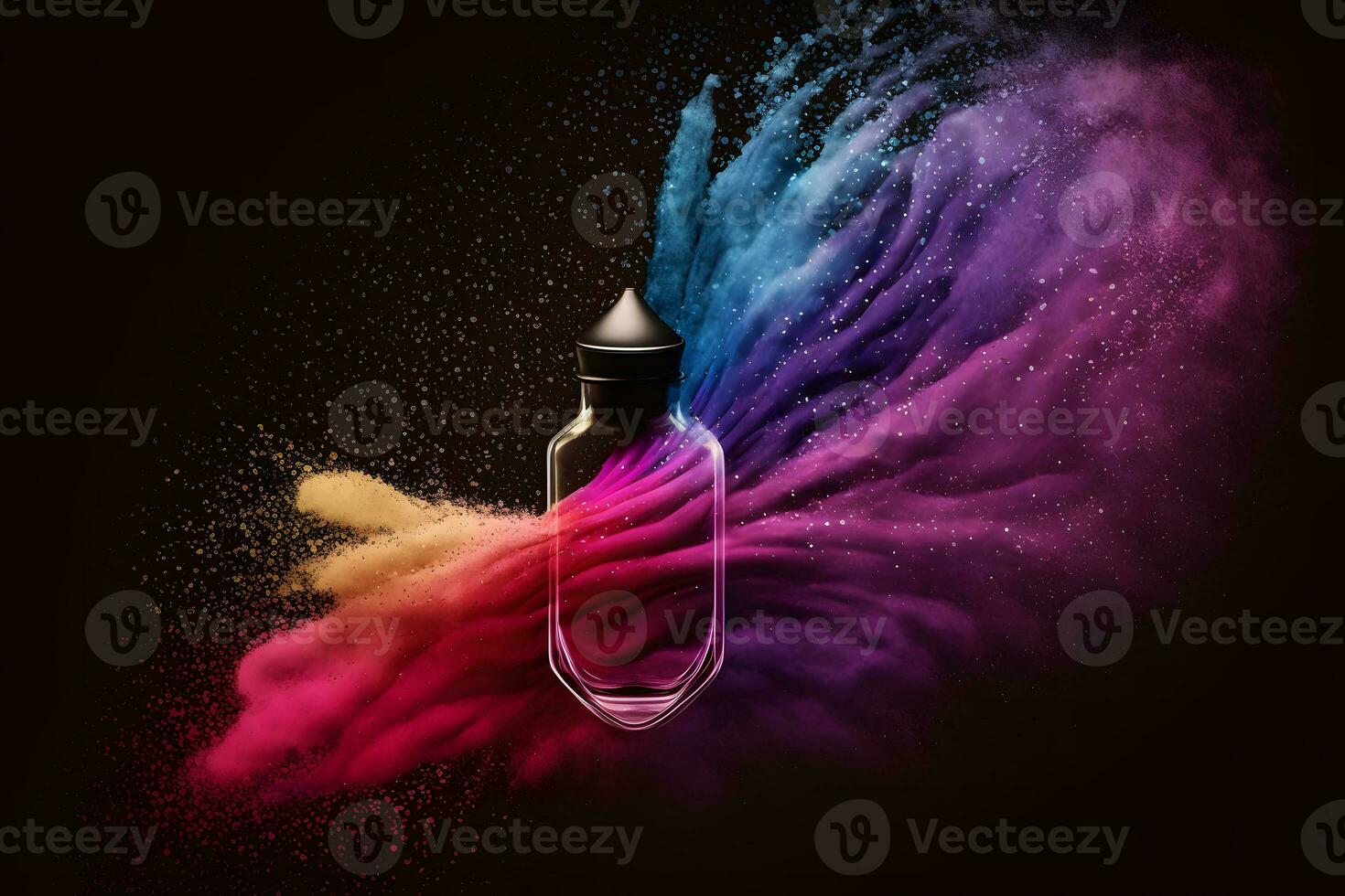 Perfume bottle splash of colored sand paint. Neural network generated art photo