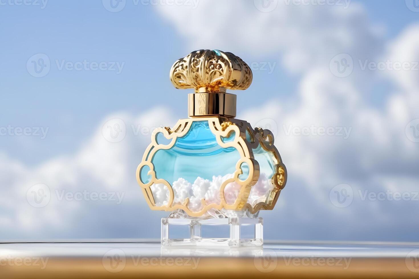 beautiful perfume bottle against the background of the sky and clouds. Neural network AI generated art photo