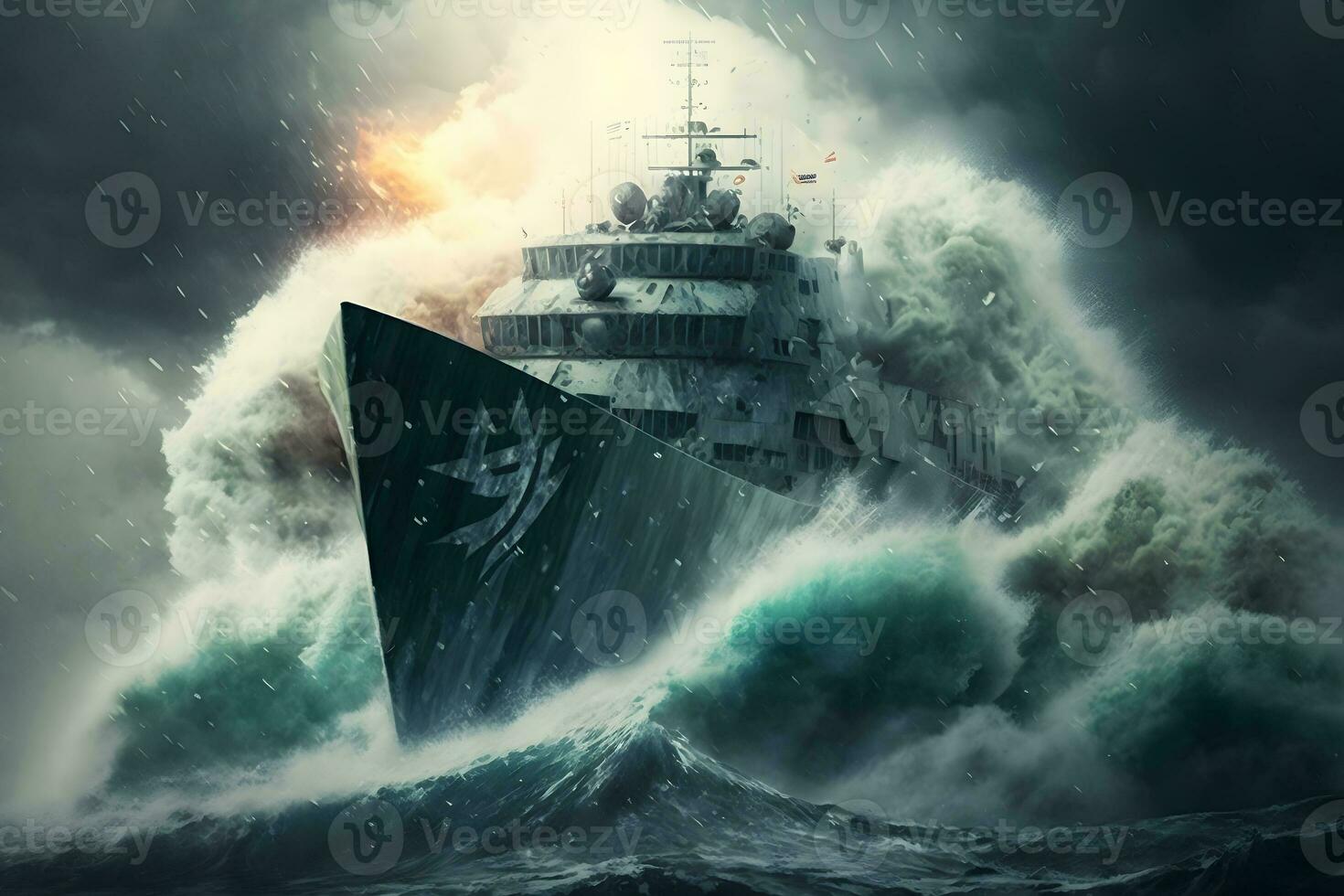 Warship at sea during a storm. Neural network AI generated art photo