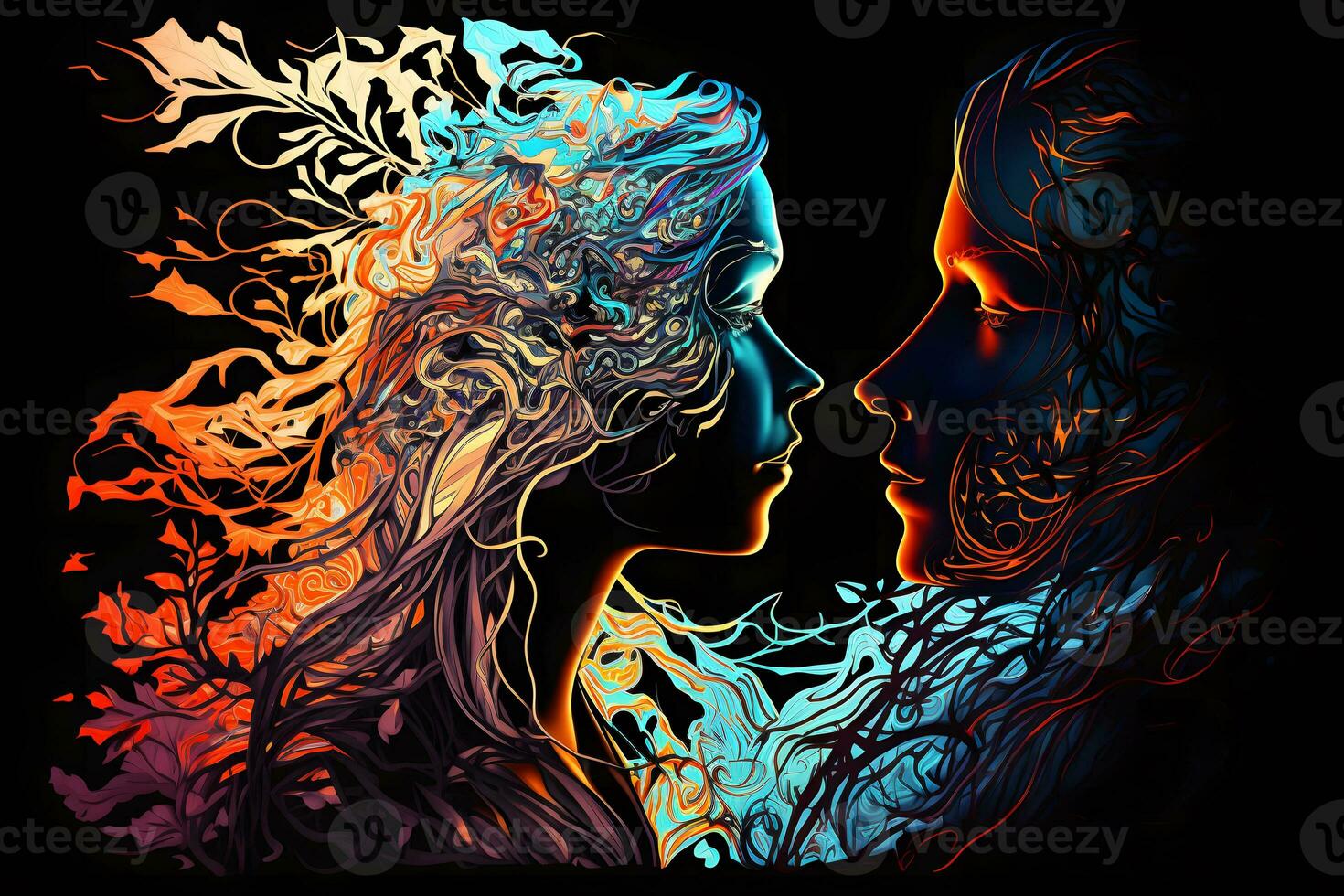 Romantic lovers portrait, man and woman, couple in love abstraction. Neural network AI generated photo