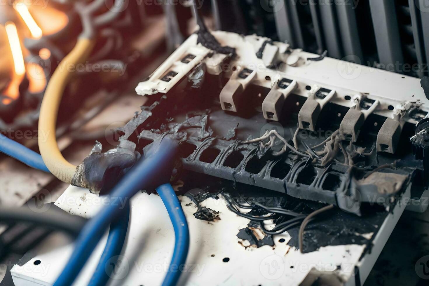 Burning switchboard from overload or short circuit on wall. Circuit breakers on fire and smoke from overheating due to poor connection. Neural network AI generated photo