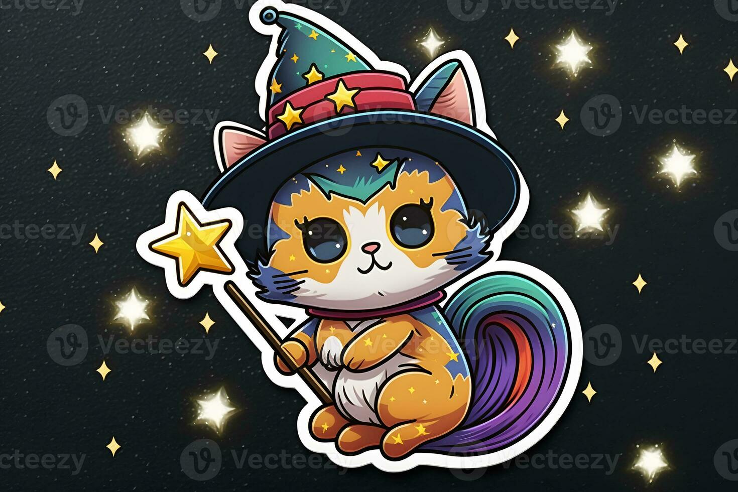 Cute cartoon sticker with a cat wizard. Neural network AI generated photo