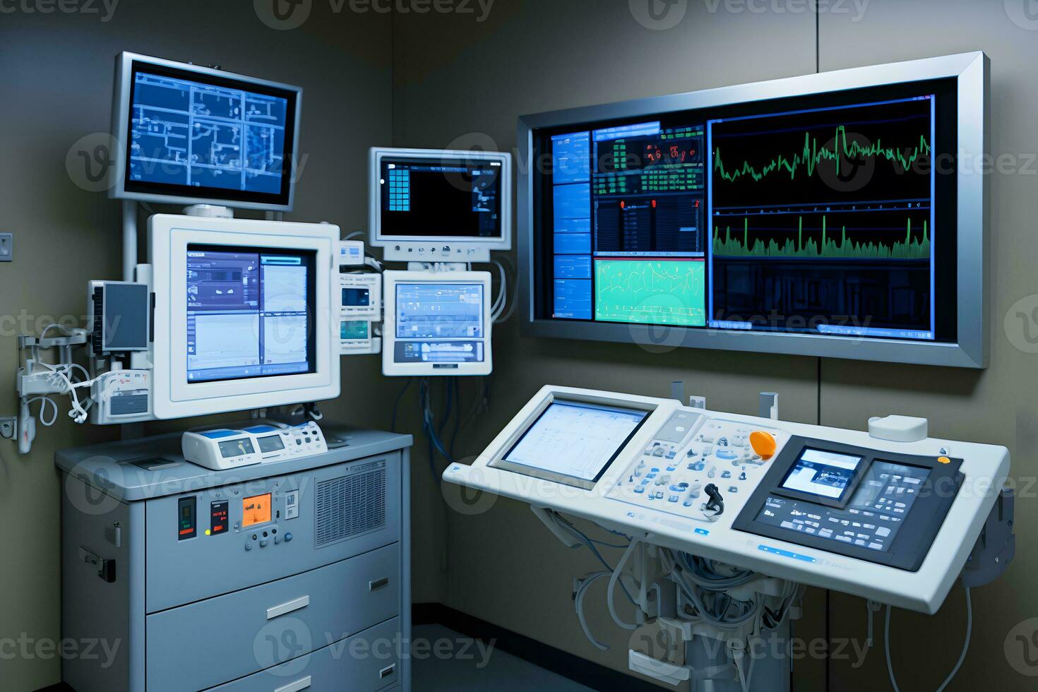 interior de operando habitación en moderno clínica con computadora equipo. neural red ai generado foto