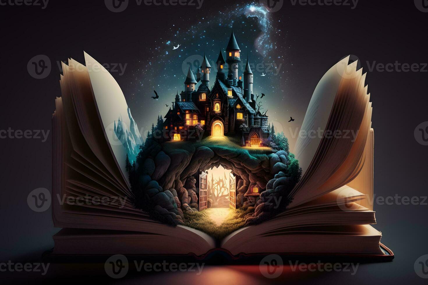 Fantasy castle in a fairy tale book. Neural network AI generated art photo